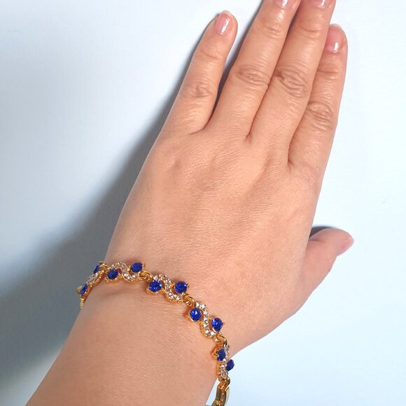 Beautiful Dark Blue Crystal White CZ Yellow Gold Tone Bracelet - Picture 6 of 11